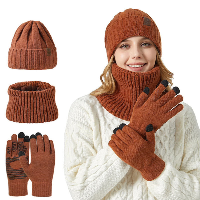 Fashionable Warm Gloves Beanie Scarf 3 In 1 Set - Caramel - One Size - image 12