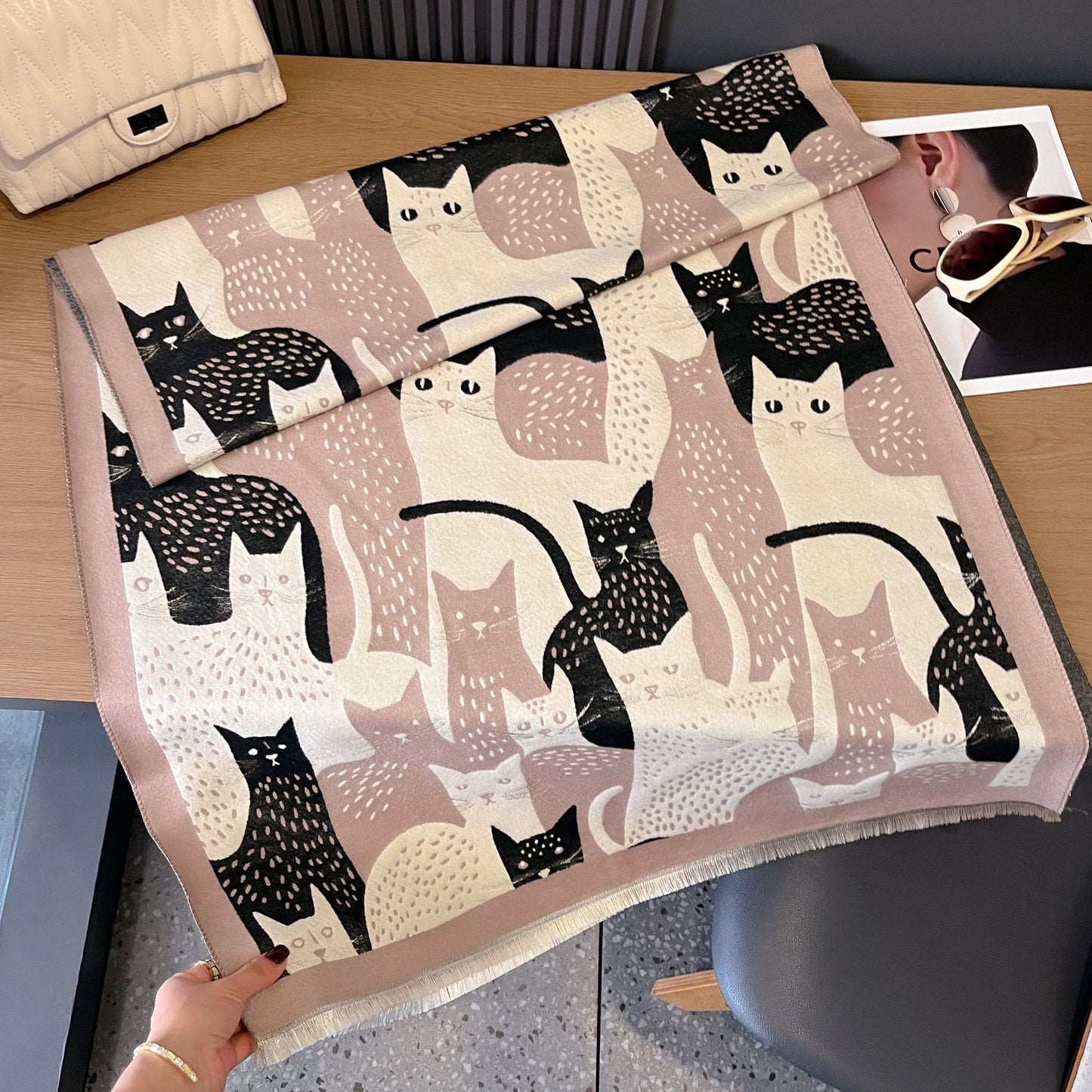 Sweet Cat Jacquard Blanket Scarf - Khaki - One Size - image 13