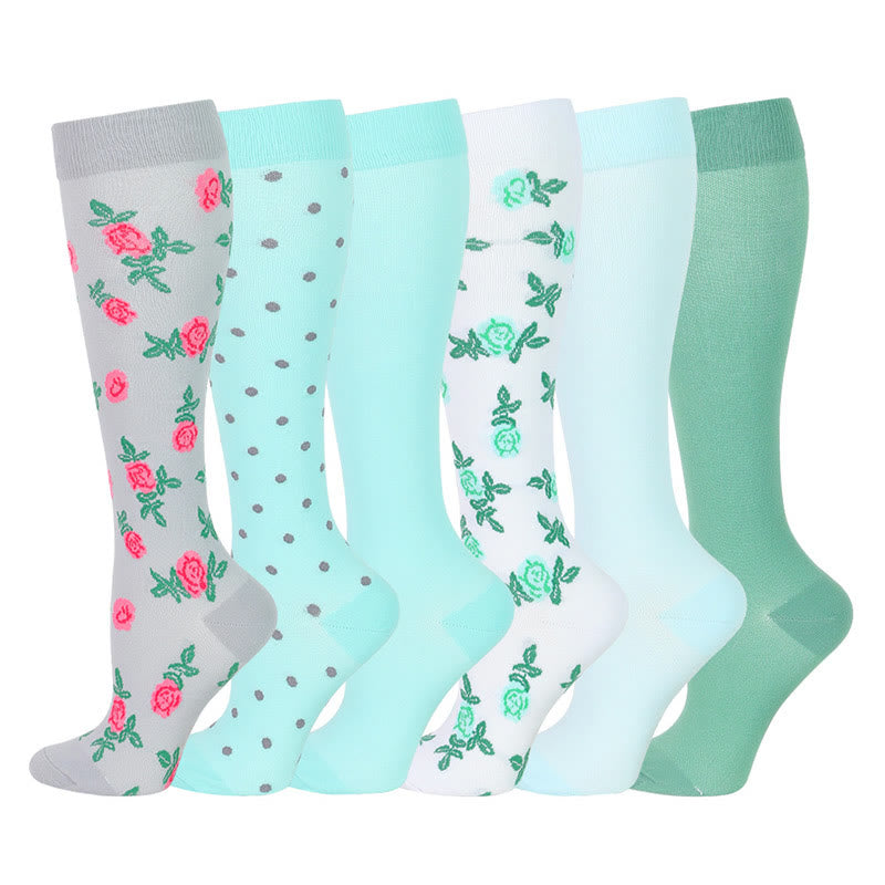 Blue Green Flower Compression Socks(6 Pairs) - Multicolor - S/M - image 0