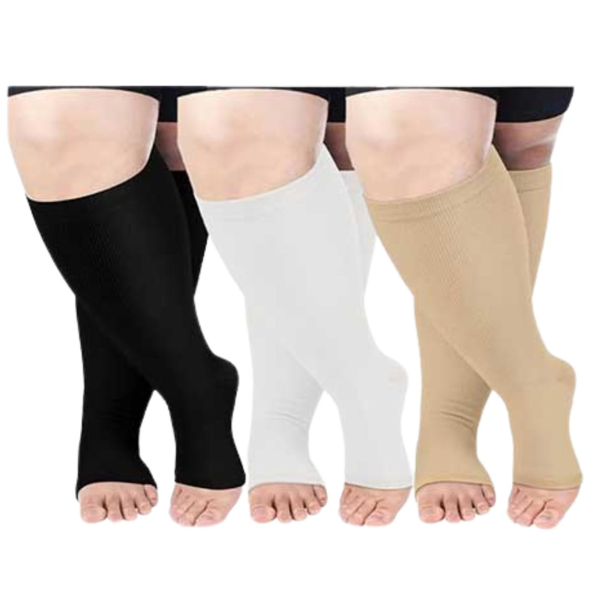 Plus Size Solid Color Open Toe Compression Socks(3 Pairs) - Multicolor - 4XL - image 9