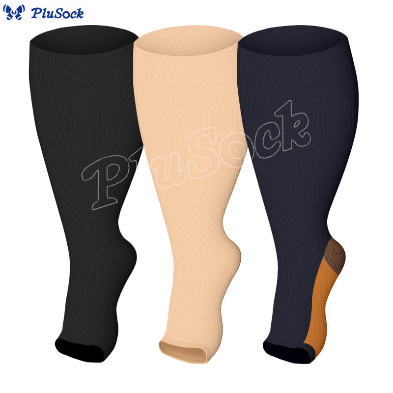 Plus Size Solid Color Open Toe Compression Socks(3 Pairs) - image 0