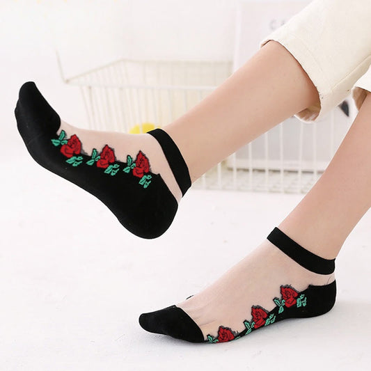 Breathable Red Rose Ankle Socks(5 Pairs) - A - EU36-40(US3-7) - image 0