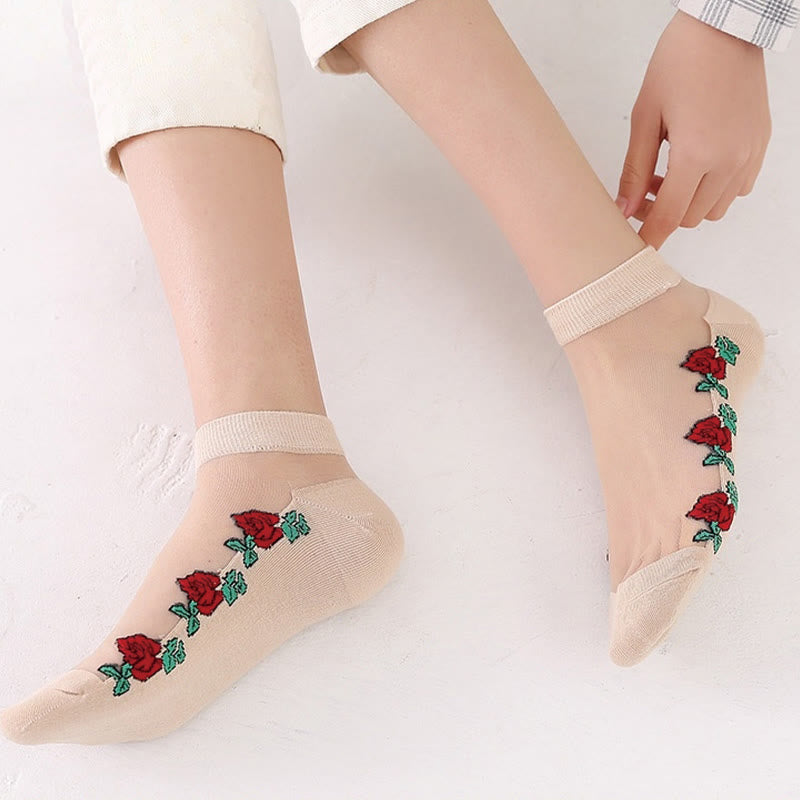 Breathable Red Rose Ankle Socks(5 Pairs) - B - EU36-40(US3-7) - image 1