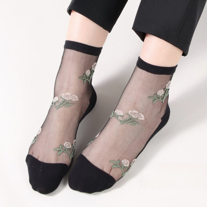 Elegant Flowers Quarter Socks(5 Pairs) - Black - EU36-40(US3-7) - image 1