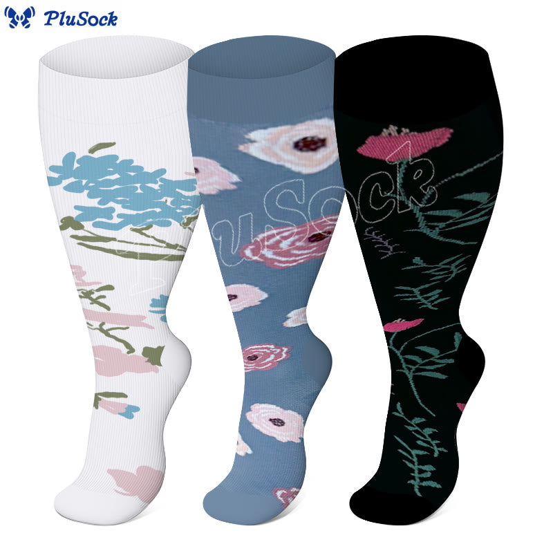 Plus Size Rose Chrysanthemum Compression Socks(3 Pairs) - image 0