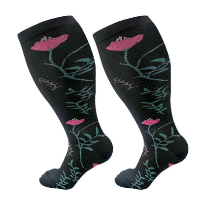 Plus Size Rose Chrysanthemum Compression Socks(3 Pairs) - Black - 4XL - image 6