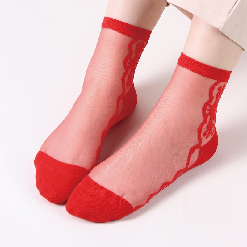 Floral Sheer Cotton Ankle Socks(8 Pairs) - Red - EU36-40(US3-7) - image 8
