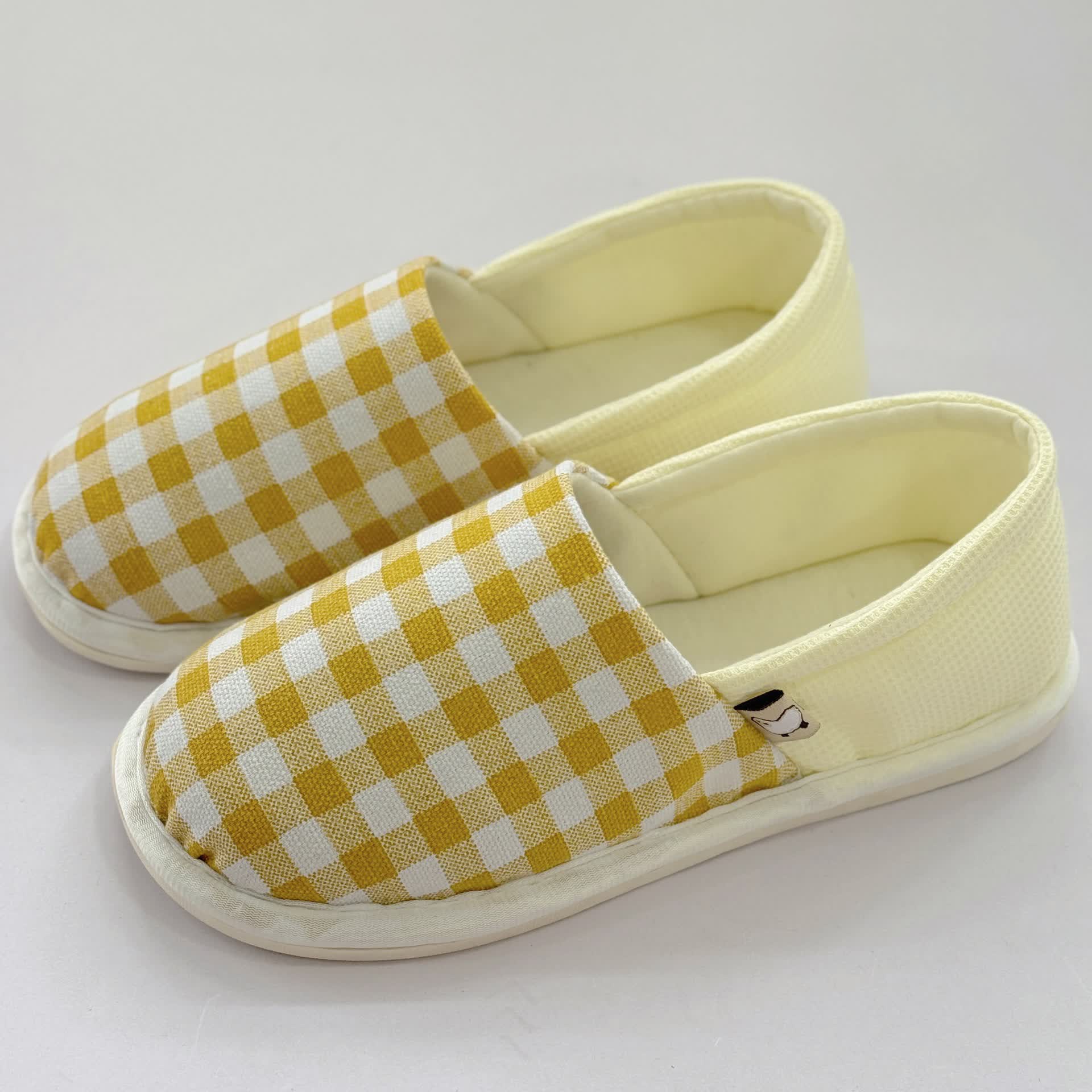 Plaid Print Non-Slip Canvas Home Slippers - Yellow - US8.5-9 - image 2