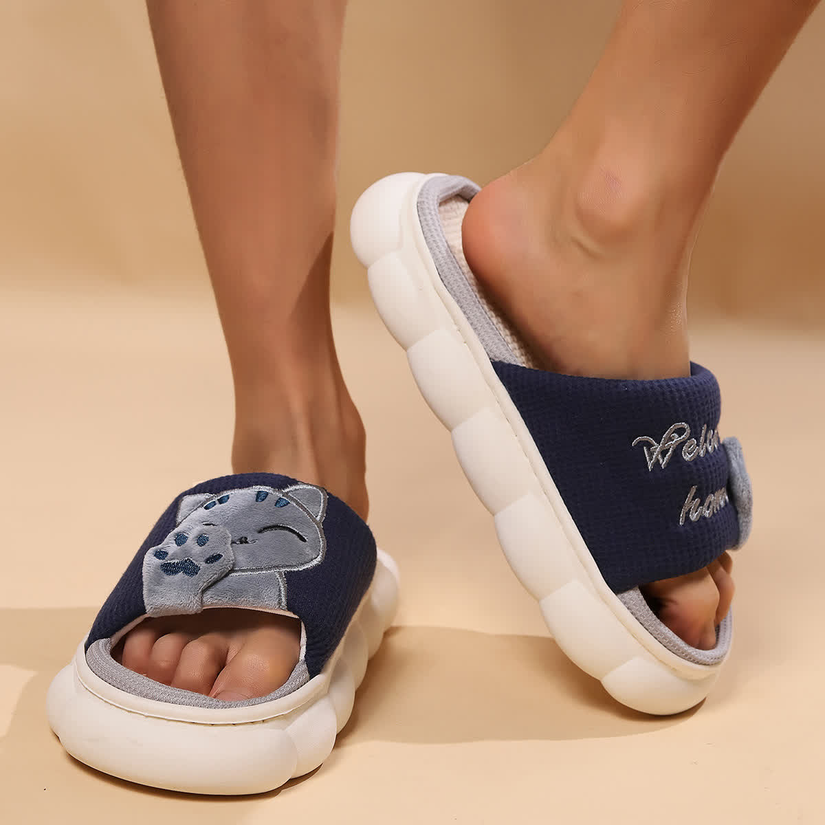 Cute Cartoon Kitten Home Slippers - Navy Blue - US10-11 - image 10