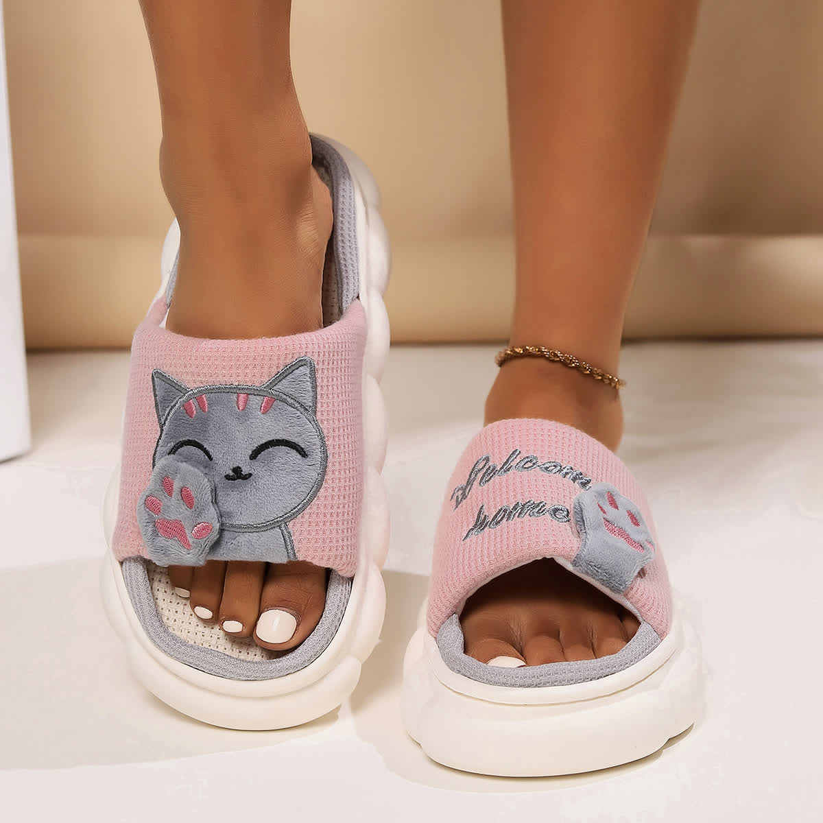Cute Cartoon Kitten Home Slippers - Pink - US10-11 - image 2