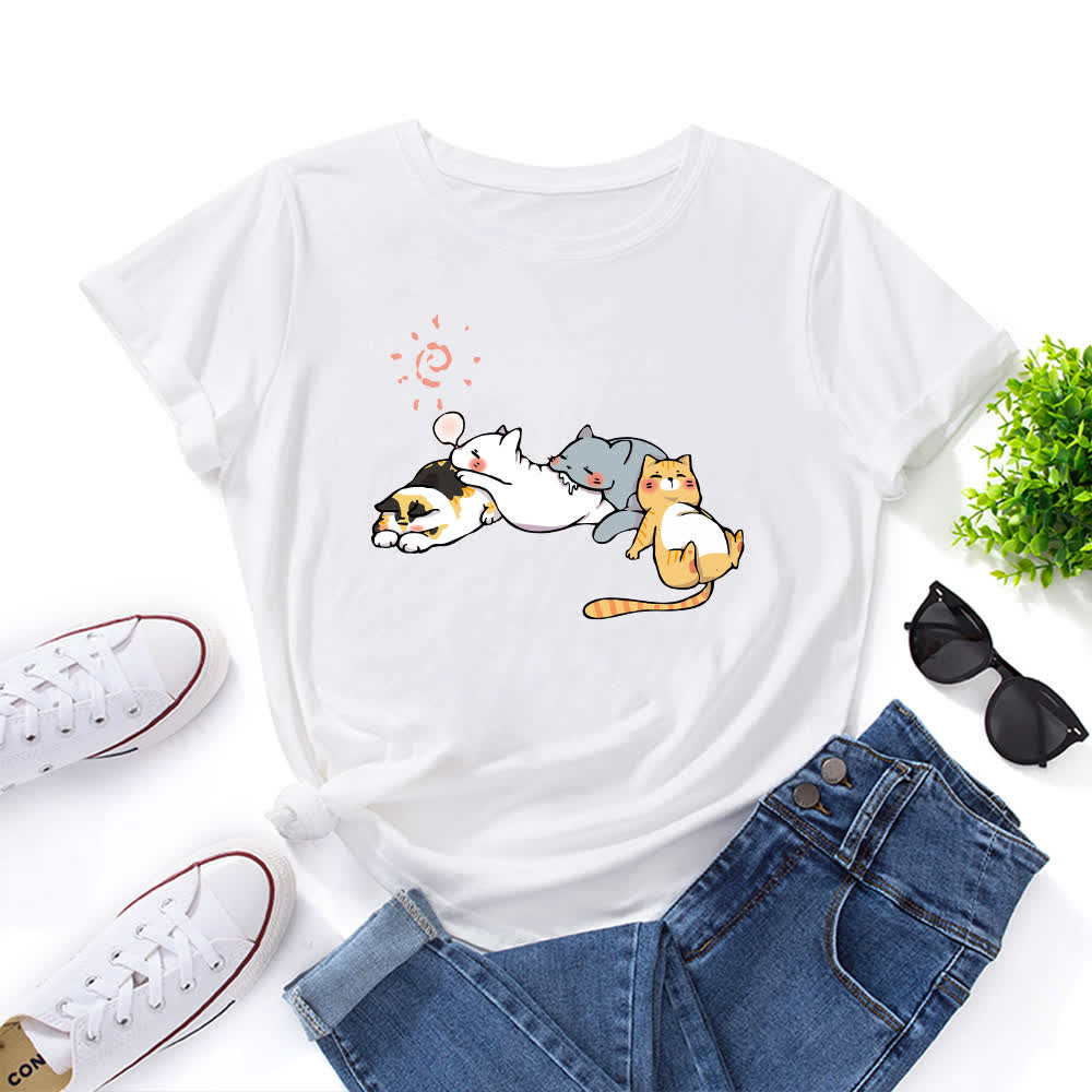 Plus Size Cat Print Round Neck Short Sleeve T-Shirt - White - 5XL - image 3
