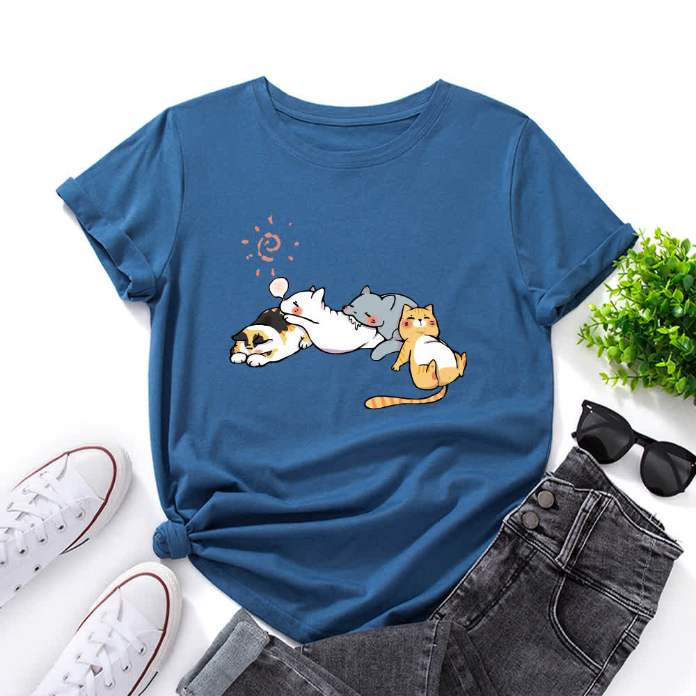 Plus Size Cat Print Round Neck Short Sleeve T-Shirt - Royal Blue - 5XL - image 4