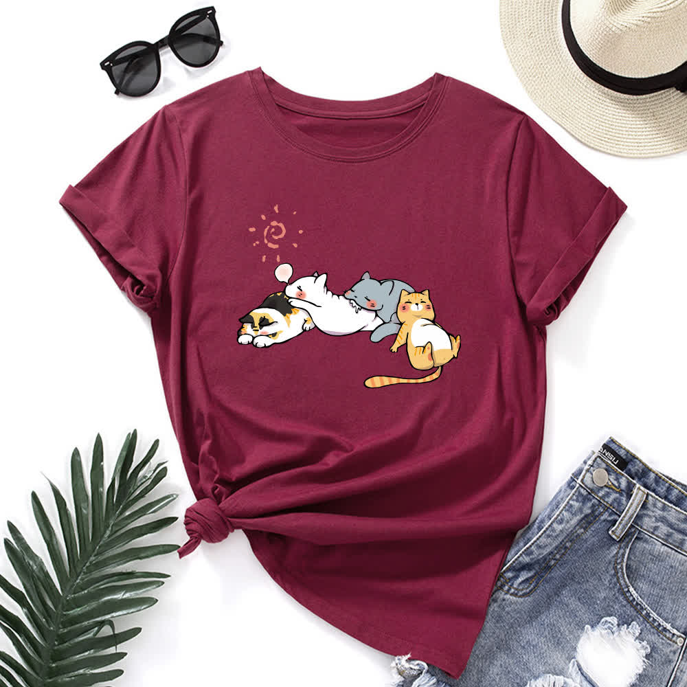 Plus Size Cat Print Round Neck Short Sleeve T-Shirt - Wine - 5XL - image 11