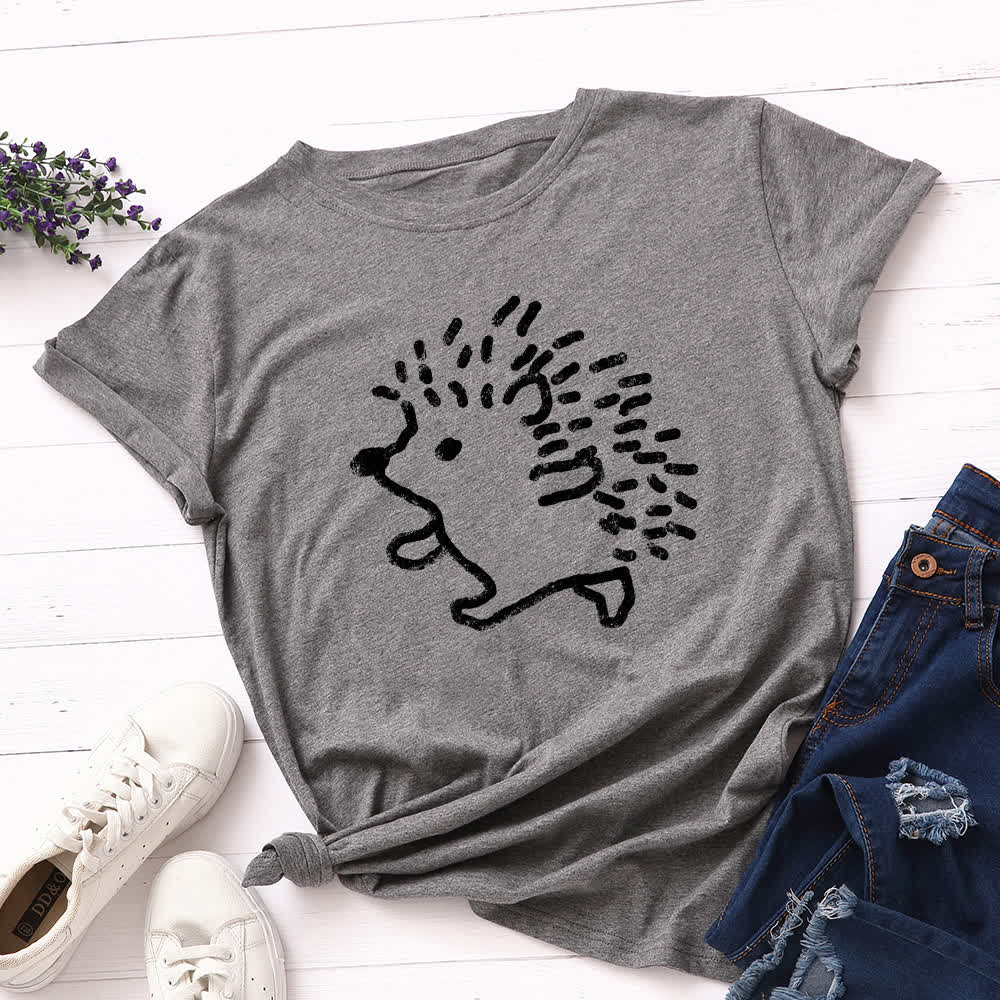 Plus Size Hedgehog Print Round Neck Short Sleeve T-Shirt - Dark Grey - 5XL - image 6