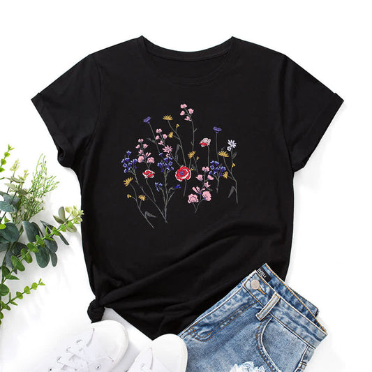 Plus Size Floral Print Short Sleeve T-Shirt - Black - 5XL - image 0