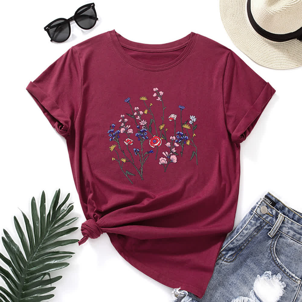 Plus Size Floral Print Short Sleeve T-Shirt - Wine - 5XL - image 10