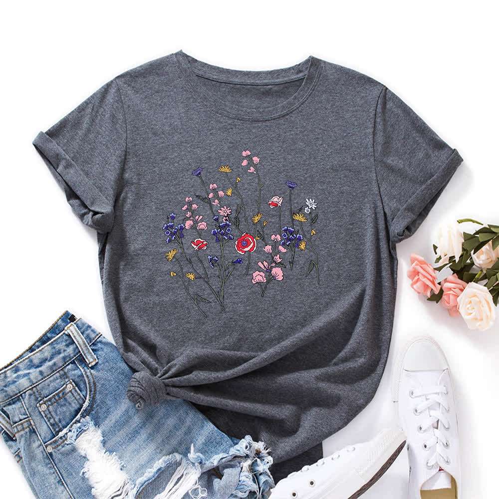 Plus Size Floral Print Short Sleeve T-Shirt - Dark Grey - 5XL - image 9