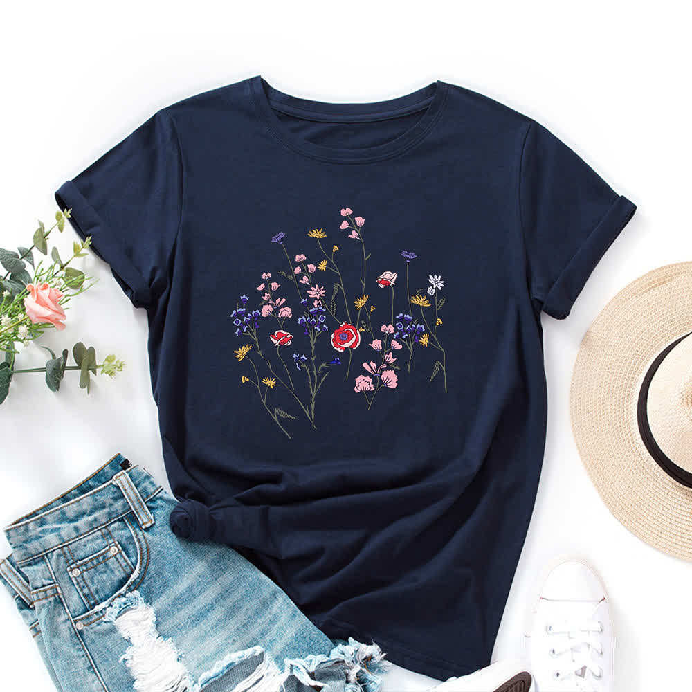 Plus Size Floral Print Short Sleeve T-Shirt - Navy Blue - 5XL - image 5