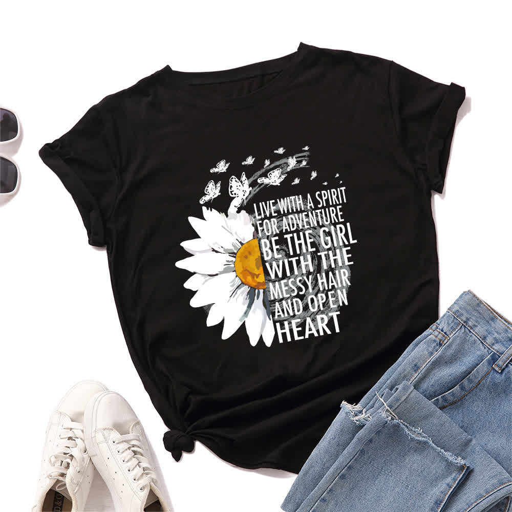 Plus Size Floral Letter Print Short Sleeve T-Shirt - Black - 5XL - image 0