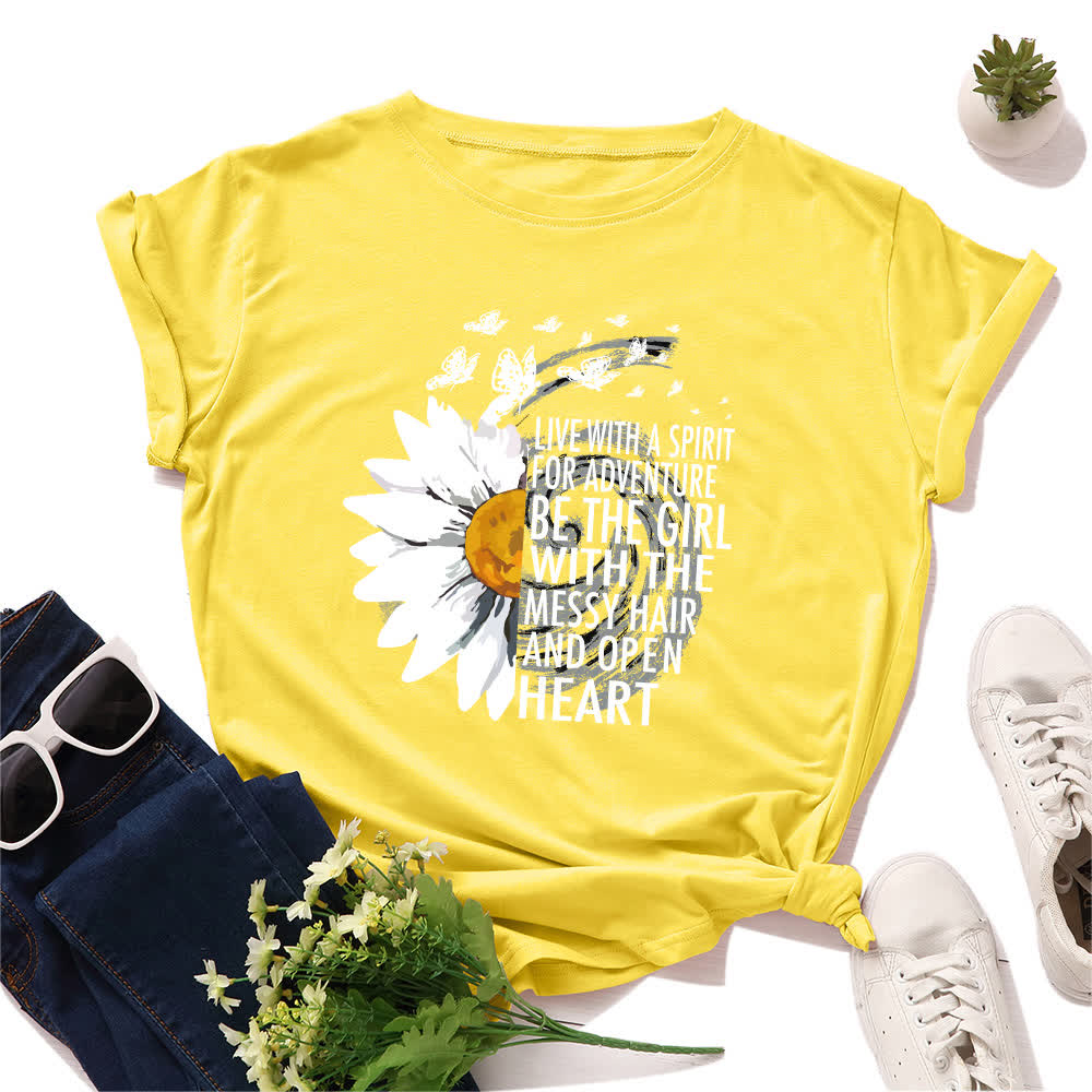 Plus Size Floral Letter Print Short Sleeve T-Shirt - Yellow - 5XL - image 2