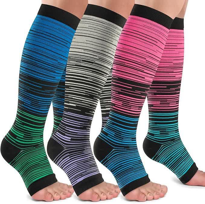 Black Striped Open Toe Compression Socks(3 Pairs) - Multicolor - 2XL - image 0