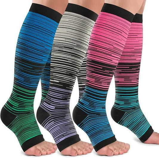 Black Striped Open Toe Compression Socks(3 Pairs) - Multicolor - 2XL - image 0