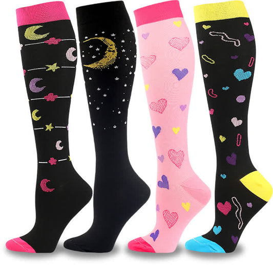 Heart and Moon Print Compression Socks(4 Pairs) - Multicolor - L/XL - image 0