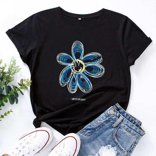 Plus Size Creative Floral Short Sleeve T-Shirt - Black - 5XL - image 0