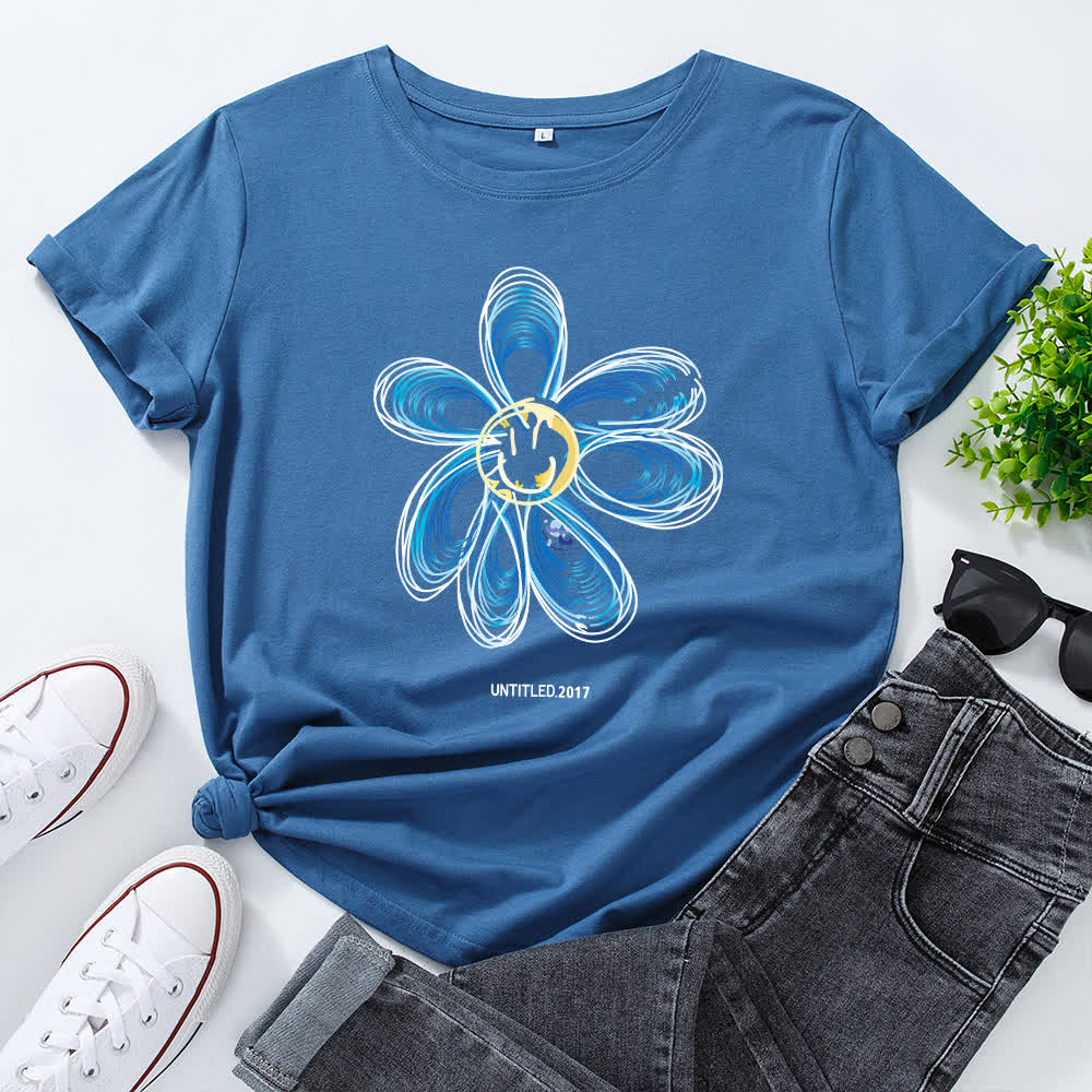 Plus Size Creative Floral Short Sleeve T-Shirt - Royal Blue - 5XL - image 3