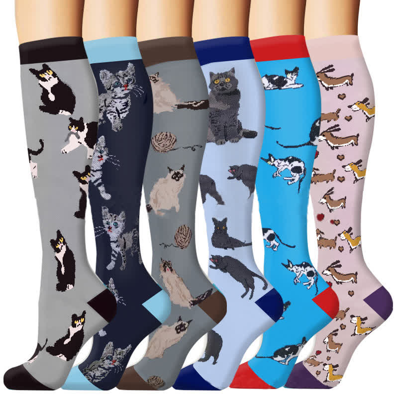 Cat Print Outdoor Running Compression Socks(6 Pairs) - image 0