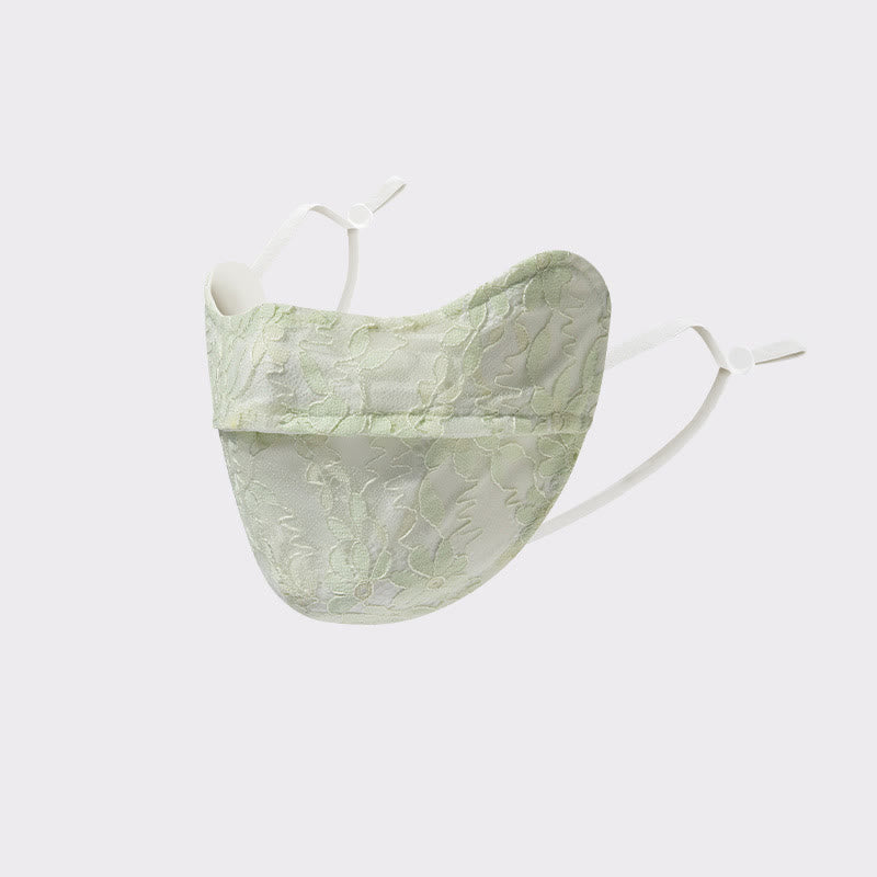 Flower Embroidered Lace Sun Mask - Green - One Size - image 2