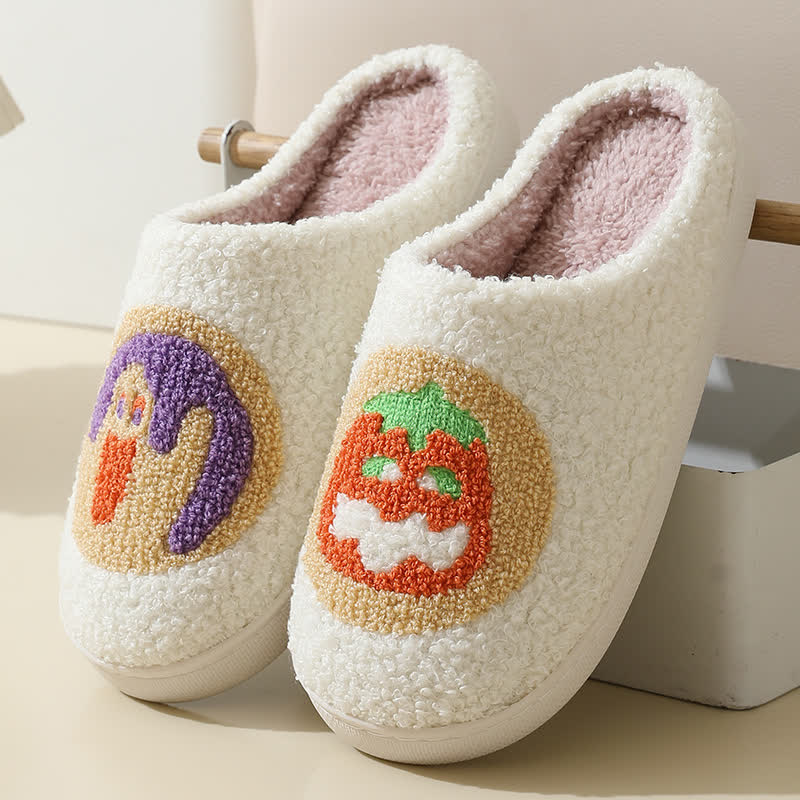 Cartoon Pumpkin Print Fluffy Home Slippers - White - EU43-44(US9-10) - image 1