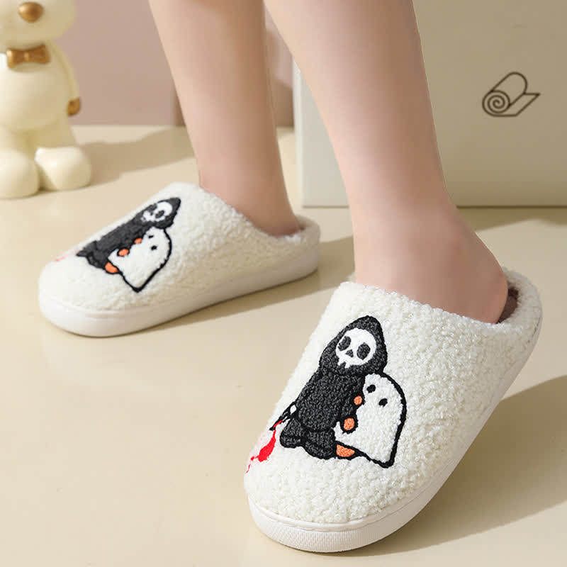 Cartoon Skull Ghost Print Fluffy Home Slippers - image 1