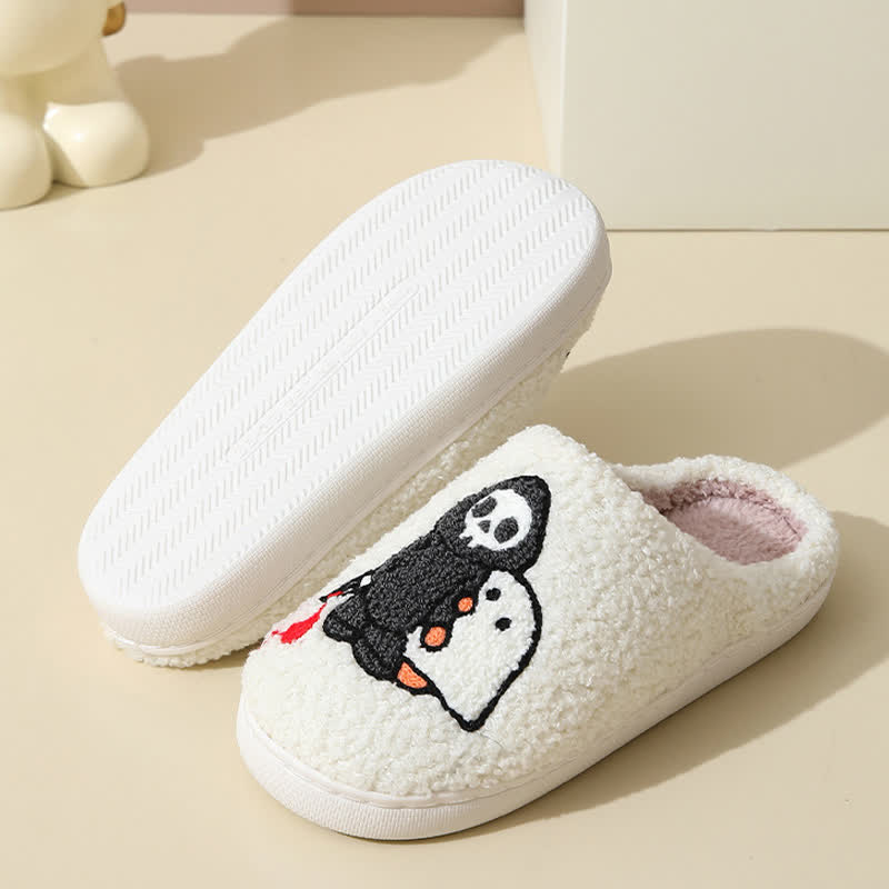 Cartoon Skull Ghost Print Fluffy Home Slippers - image 7