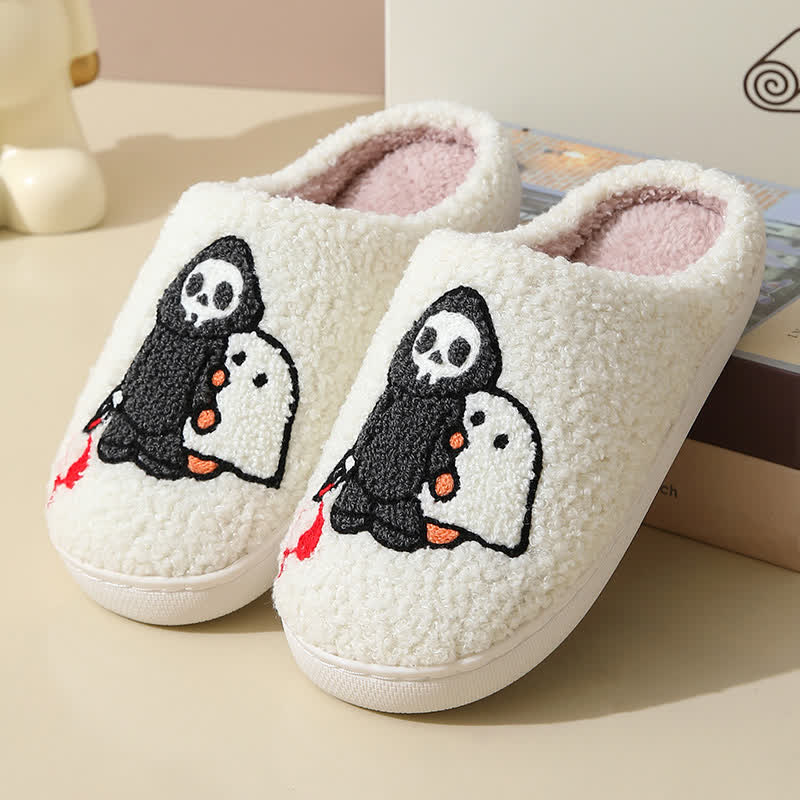 Cartoon Skull Ghost Print Fluffy Home Slippers - White - EU43-44(US9-10) - image 4