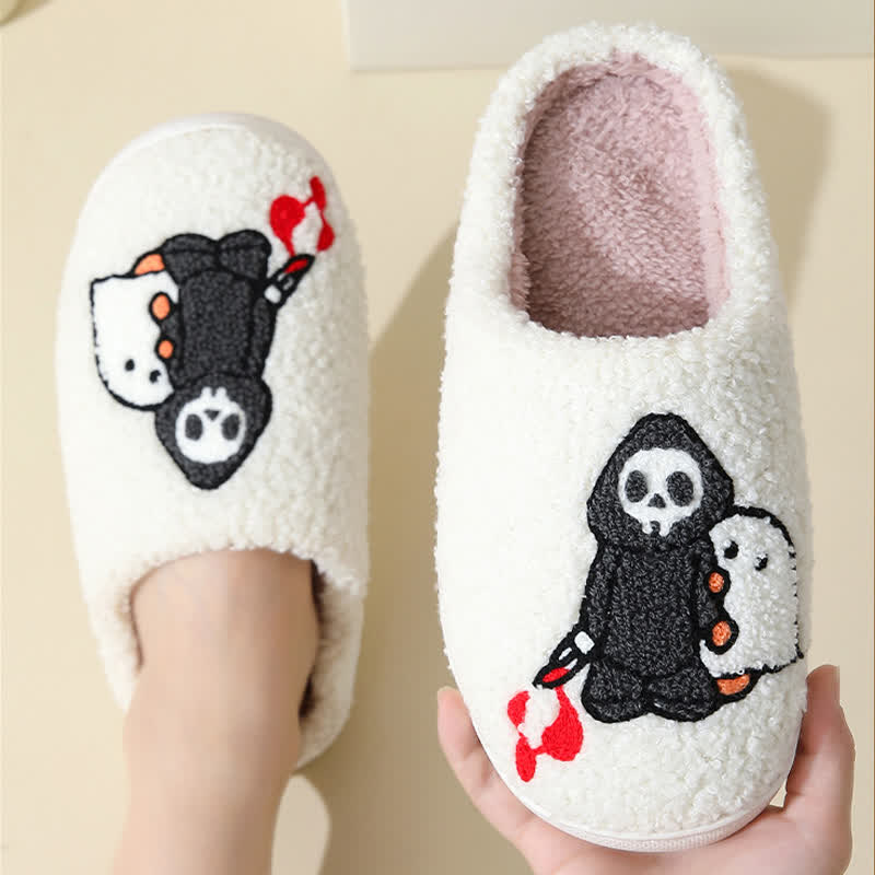 Cartoon Skull Ghost Print Fluffy Home Slippers - image 3