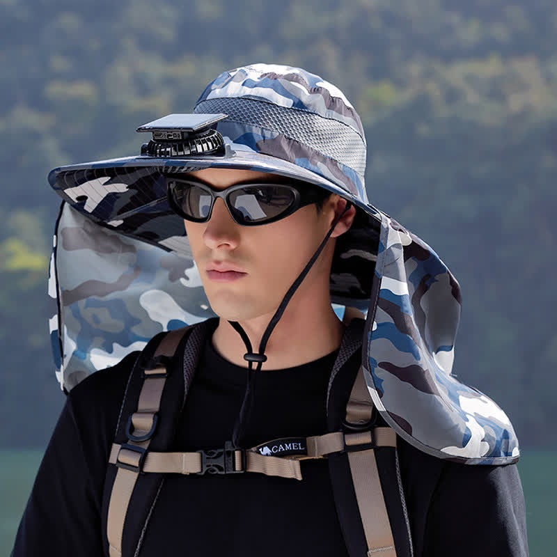 Camouflage Bucket Hat with Neck Flap and Rechargeable Fan - Blue - One Size - image 3