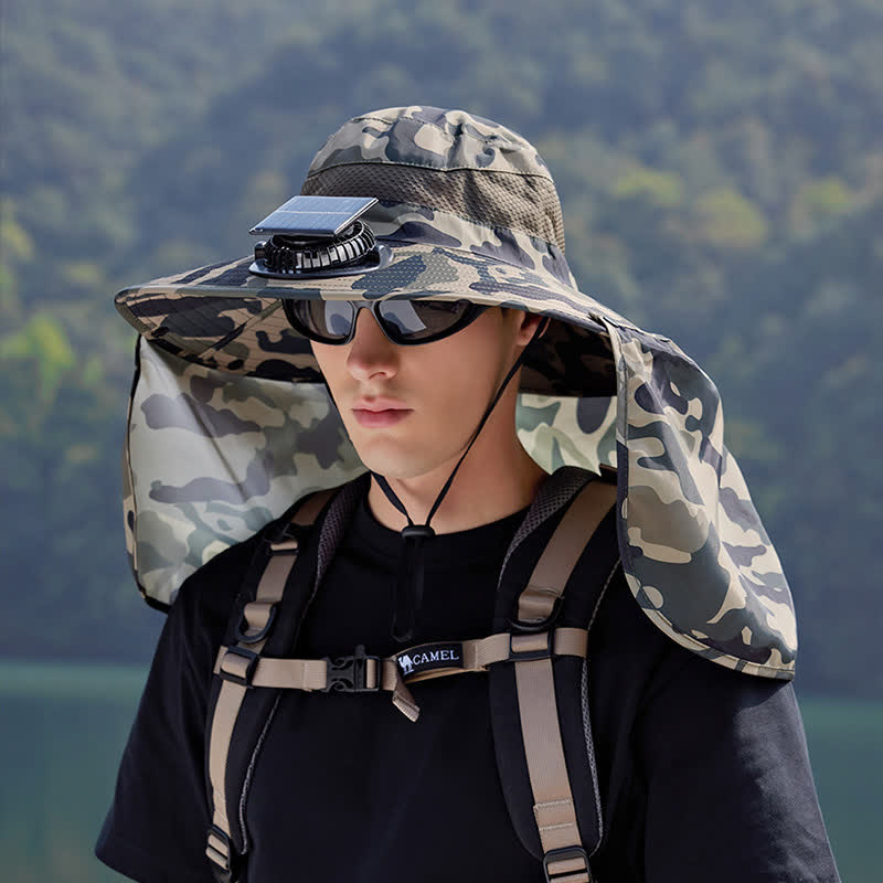 Camouflage Bucket Hat with Neck Flap and Rechargeable Fan - Khaki - One Size - image 2