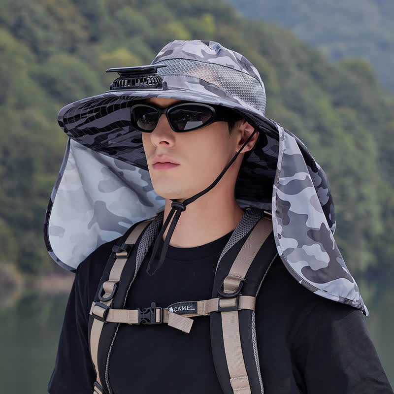Camouflage Bucket Hat with Neck Flap and Rechargeable Fan - Grey - One Size - image 1