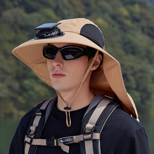 Outdoor Rechargeable Fan Breathable Bucket Hat - Khaki - One Size - image 0