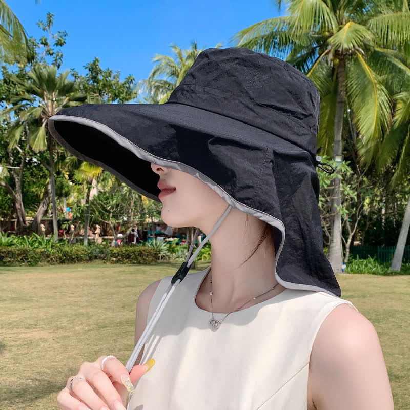 Wide Brim Sun Hat with Neck Flap - Black - One Size - image 3