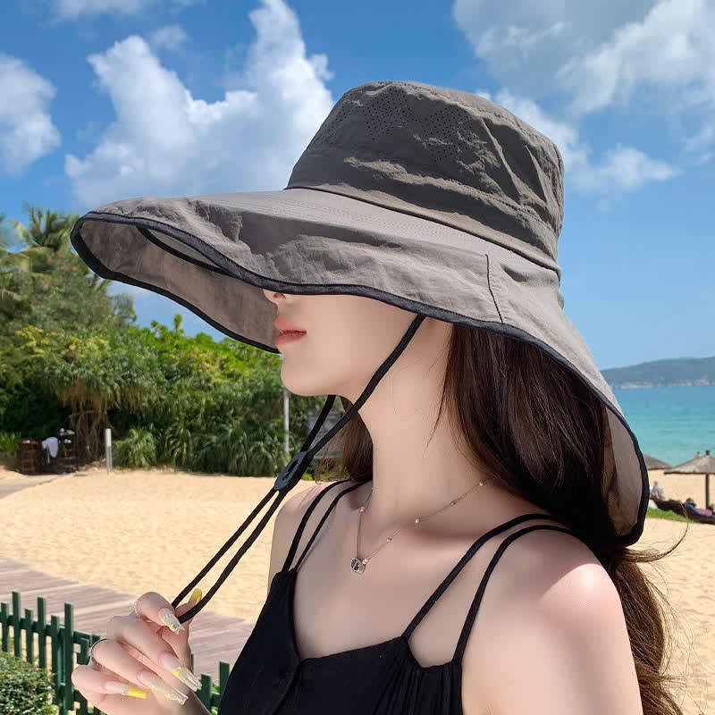Wide Brim Sun Hat with Neck Flap - Grey - One Size - image 2