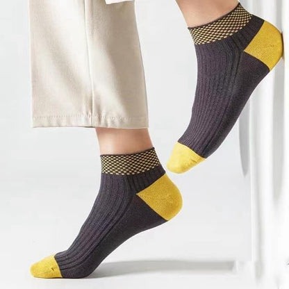 Breathable Bamboo Fiber Ankle Socks with Checkered Cuffs(5 Pairs) - image 3
