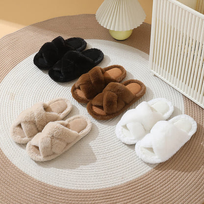Plus Size Solid Color Fuzzy Cross Band Slippers - image 1