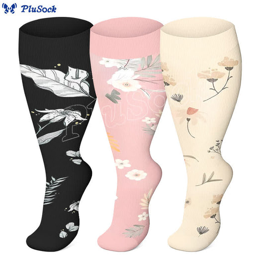 Plus Size Floral Leaf Series Compression Socks(3 Pairs) - image 0