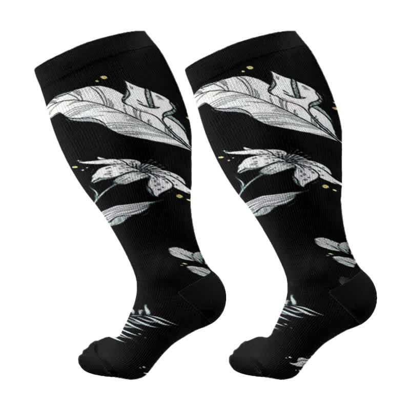 Plus Size Floral Leaf Series Compression Socks(3 Pairs) - Black - 4XL - image 5