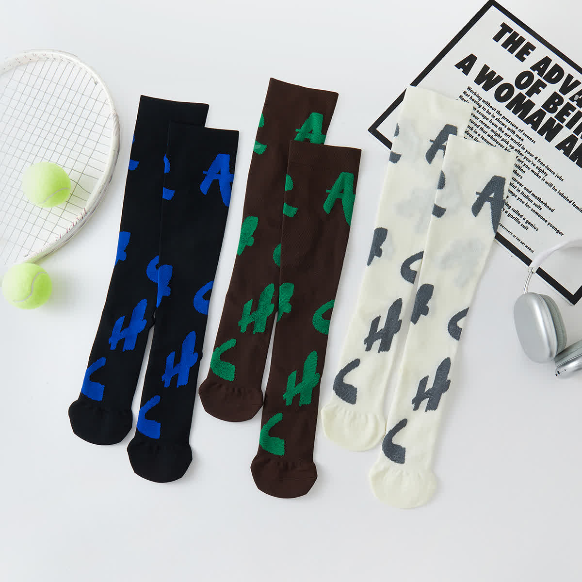 Cactus Letter Print Compression Knee High Socks(3 Pairs) - Multicolor - EU37-42(US4-8.5) - image 1