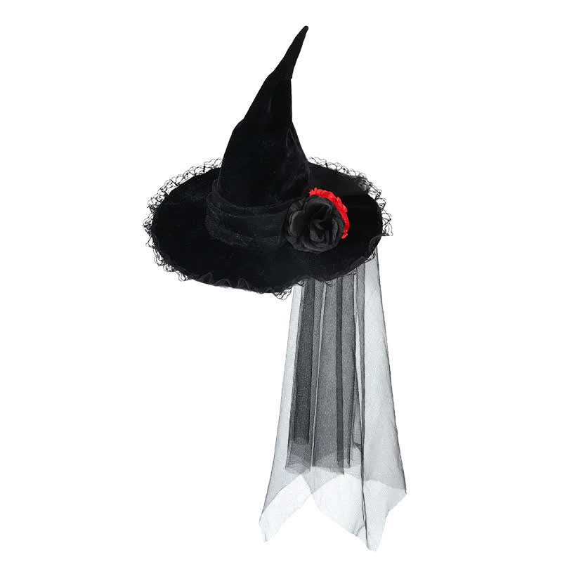 Halloween Mesh Artificial Flower Witch Hat - Black - One Size - image 3