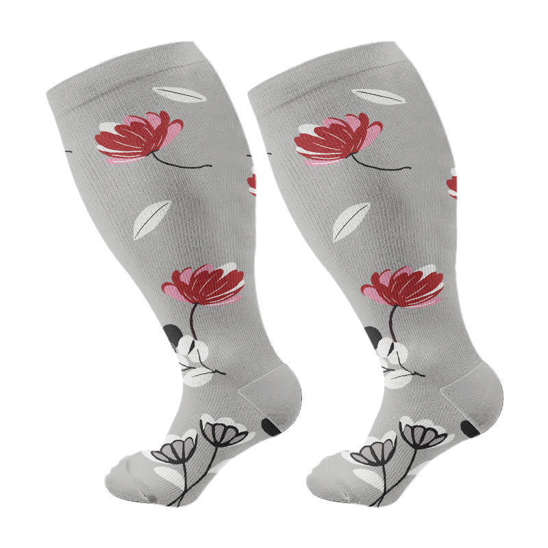Plus Size Peach Blossom Compression Socks(3 Pairs) - Grey - 4XL - image 5