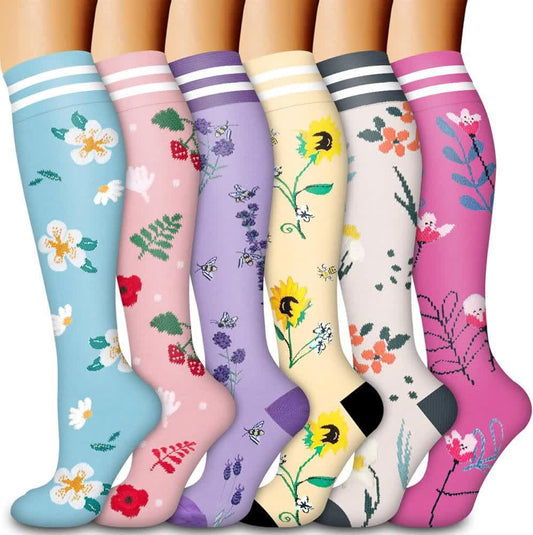 Striped Floral Compression Socks(6 Pairs) - Multicolor - S/M - image 0